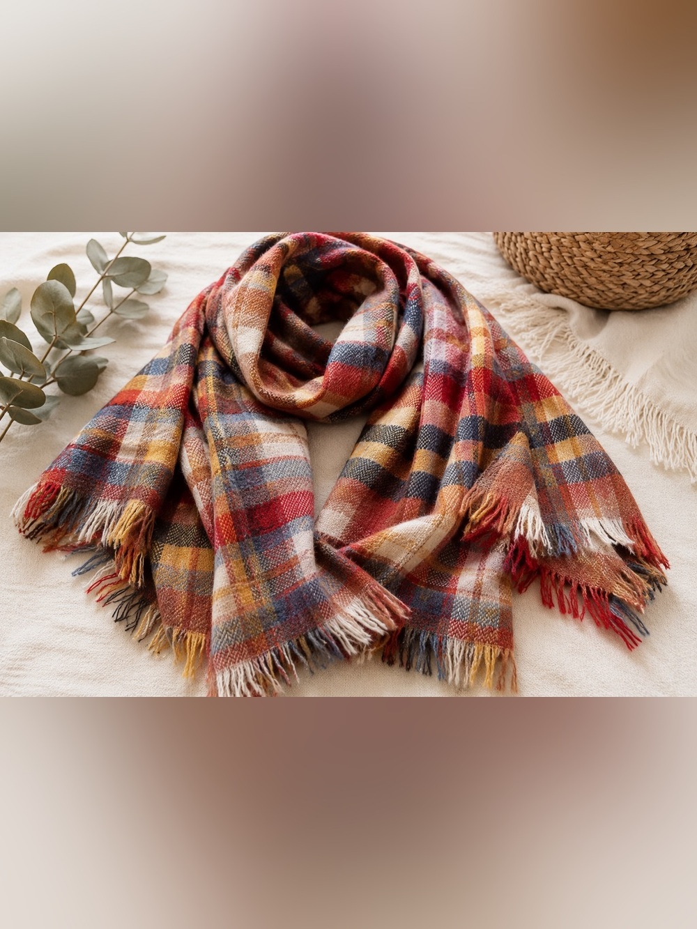 La Limonaia Tessuti Plaid Scarf / Wrap Made in Italy Tartan Fringe Blanket Shawl